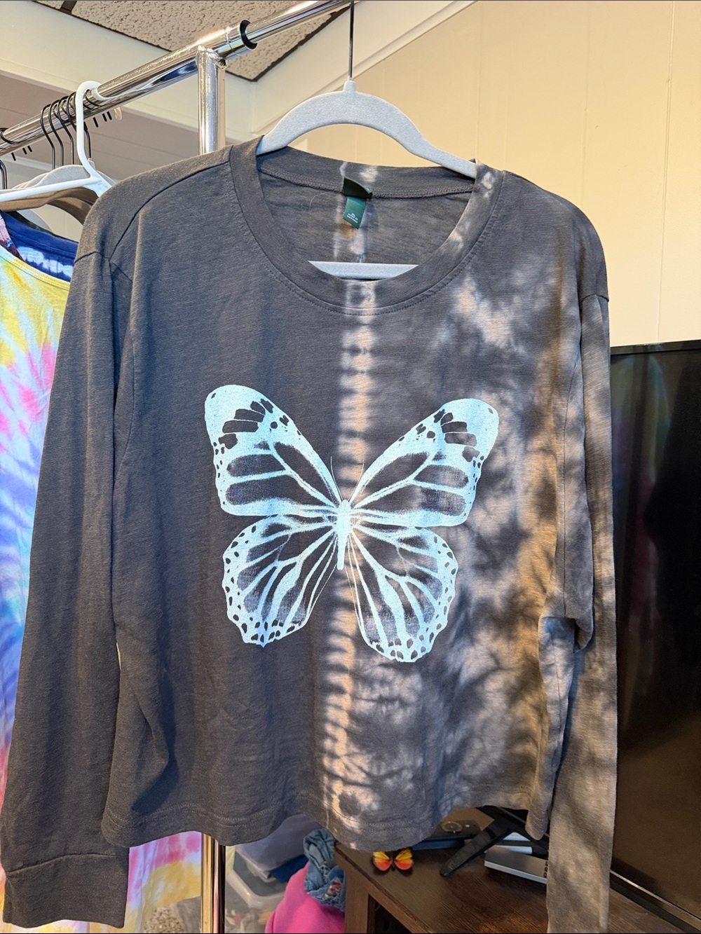wild fable, extra large butterfly, bleached, long sleeve shirt